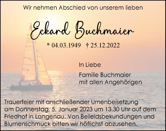 Traueranzeige von Eckard Buchmaier von SÜDWEST PRESSE Ausgabe Ulm/Neu-Ulm