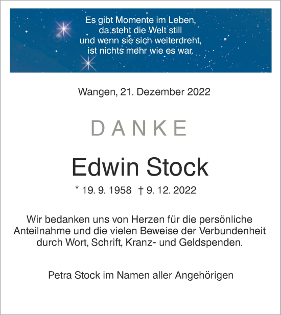 Traueranzeige von Edwin Stock von NWZ Neue Württembergische Zeitung