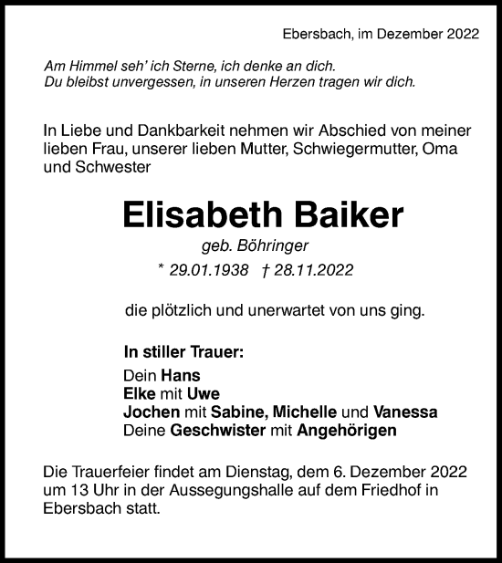 Traueranzeige von Elisabeth Baiker von NWZ Neue Württembergische Zeitung