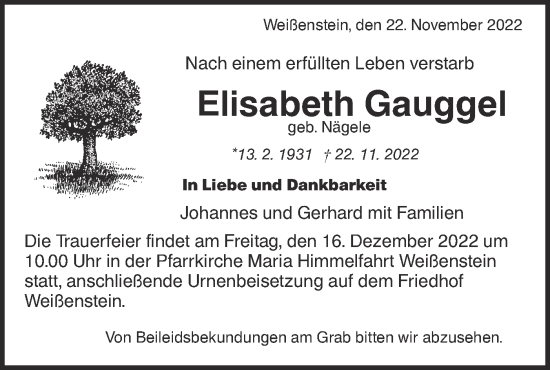 Traueranzeige von Elisabeth Gauggel von NWZ Neue Württembergische Zeitung