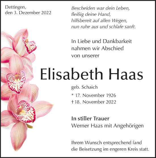 Traueranzeige von Elisabeth Haas von Metzinger-Uracher Volksblatt