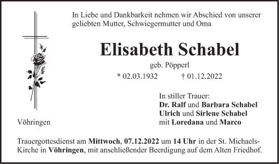 Traueranzeige von Elisabeth Schabel von SÜDWEST PRESSE Ausgabe Ulm/Neu-Ulm