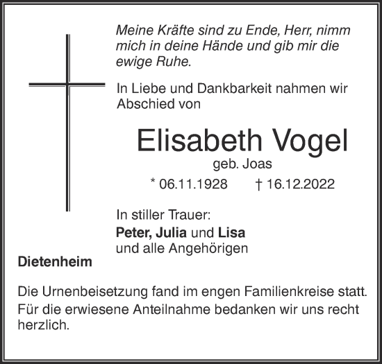 Traueranzeige von Elisabeth Vogel von SÜDWEST PRESSE Ausgabe Ulm/Neu-Ulm