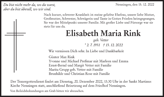 Traueranzeige von Elisabeth Maria Rink von NWZ Neue Württembergische Zeitung