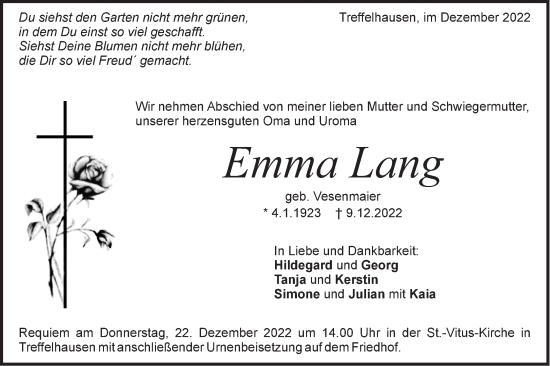 Traueranzeige von Emma Lang von Geislinger Zeitung