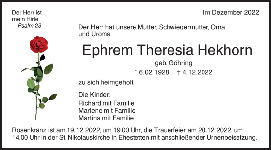 Traueranzeige von Ephrem Theresia Hekhorn von Alb-Bote/Metzinger-Uracher Volksblatt