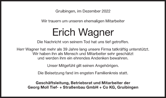 Traueranzeige von Erich Wagner von NWZ Neue Württembergische Zeitung/Geislinger Zeitung