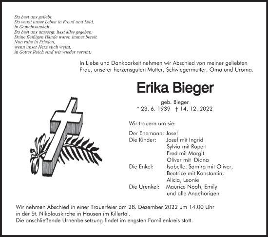 Traueranzeige von Erika Bieger von Metzinger-Uracher Volksblatt