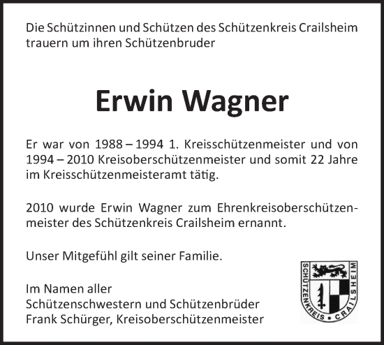Traueranzeige von Erwin Wagner von Hohenloher Tagblatt