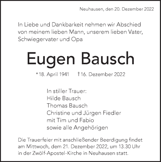 Traueranzeige von Eugen Bausch von Metzinger-Uracher Volksblatt