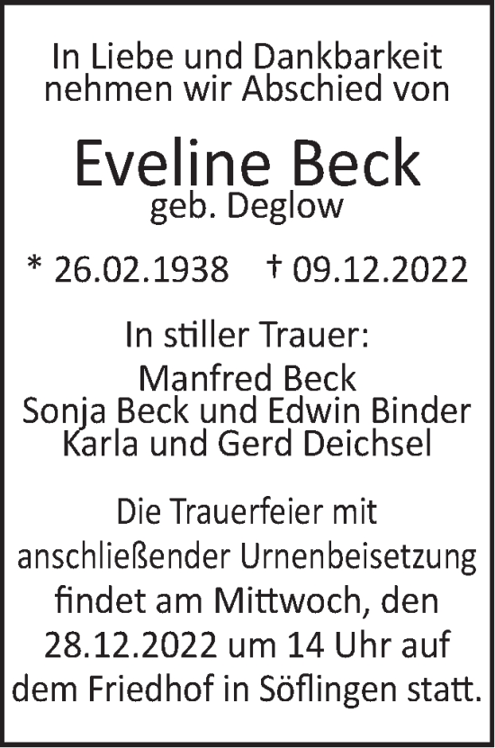 Traueranzeige von Eveline Beck von SÜDWEST PRESSE Ausgabe Ulm/Neu-Ulm