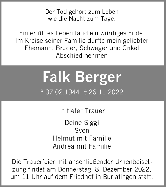 Traueranzeige von Falk Berger von SÜDWEST PRESSE Ausgabe Ulm/Neu-Ulm