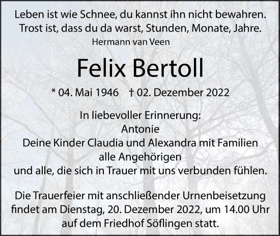 Traueranzeige von Felix Bertoll von SÜDWEST PRESSE Ausgabe Ulm/Neu-Ulm