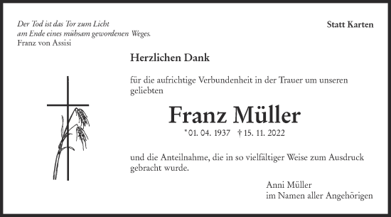 Traueranzeige von Franz Müller von Metzinger-Uracher Volksblatt