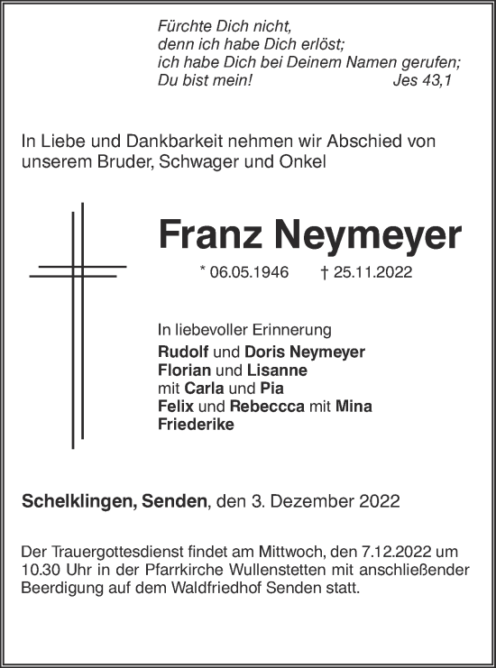 Traueranzeige von Franz Neymeyer von SÜDWEST PRESSE Ausgabe Ulm/Neu-Ulm