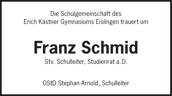 Traueranzeige von Franz Schmid von NWZ Neue Württembergische Zeitung