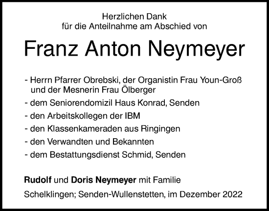 Traueranzeige von Franz Anton Neymeyer von SÜDWEST PRESSE Ausgabe Ulm/Neu-Ulm