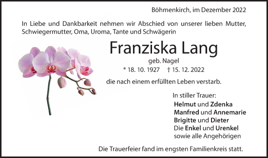 Traueranzeige von Franziska Lang von Geislinger Zeitung