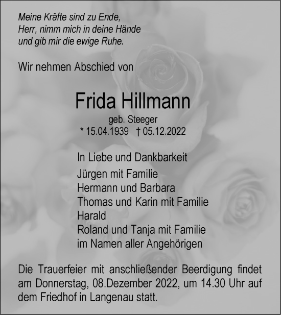 Traueranzeige von Frida Hillmann von SÜDWEST PRESSE Ausgabe Ulm/Neu-Ulm