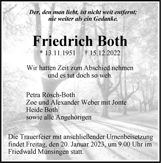 Traueranzeige von Friedrich Both von SÜDWEST PRESSE