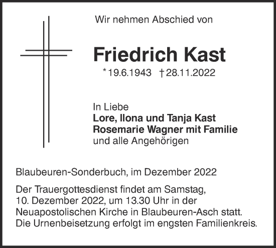 Traueranzeige von Friedrich Kast von SÜDWEST PRESSE Ausgabe Ulm/Neu-Ulm