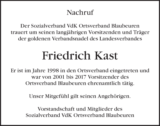 Traueranzeige von Friedrich Kast von SÜDWEST PRESSE