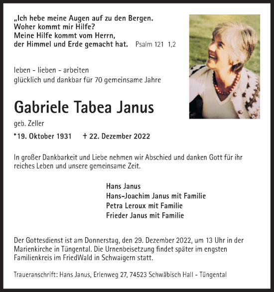 Traueranzeige von Gabriele Tabea Janus von Haller Tagblatt