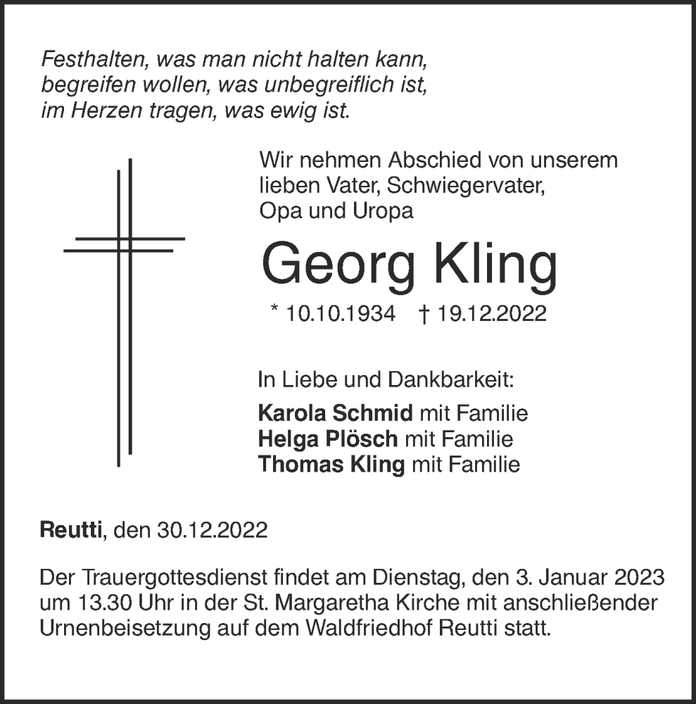  Traueranzeige für Georg Kling vom 30.12.2022 aus SÜDWEST PRESSE Ausgabe Ulm/Neu-Ulm