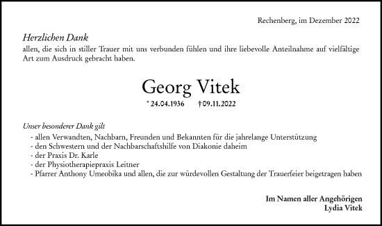 Traueranzeige von Georg Vitek von Hohenloher Tagblatt