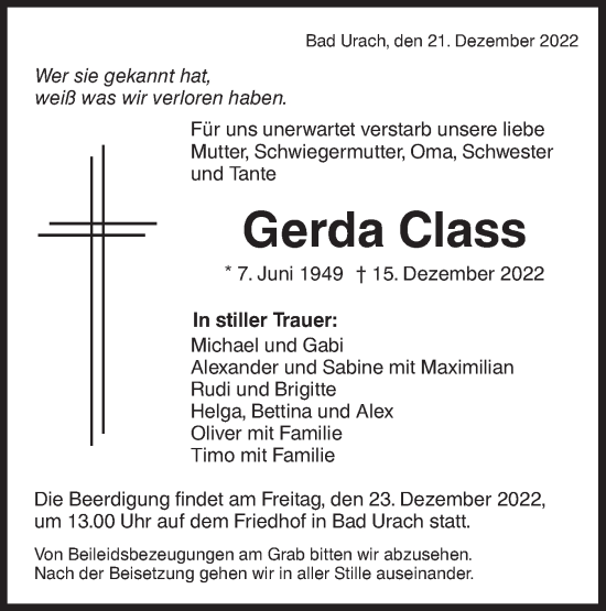 Traueranzeige von Gerda Class von Metzinger-Uracher Volksblatt