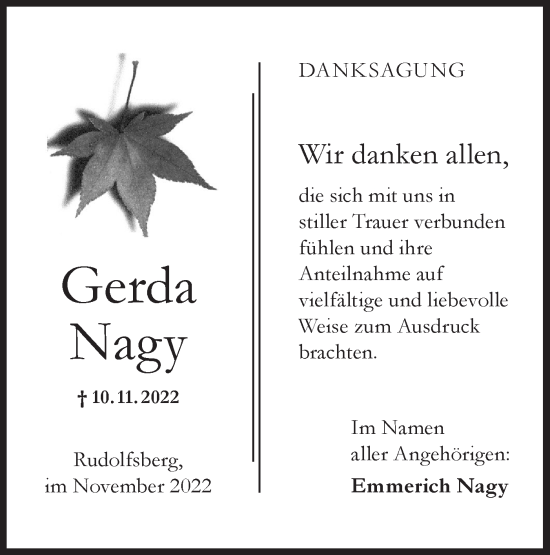 Traueranzeige von Gerda Nagy von Hohenloher Tagblatt