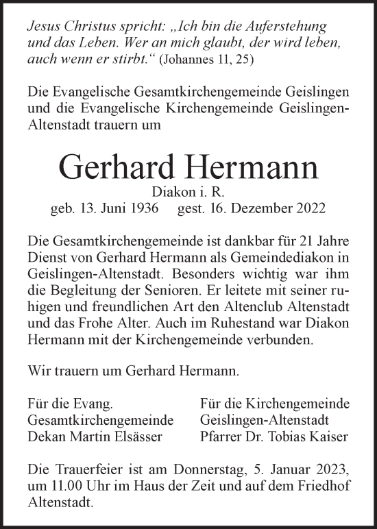 Traueranzeige von Gerhard Hermann von Geislinger Zeitung