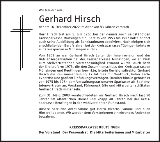 Traueranzeige von Gerhard Hirsch von Alb-Bote/Metzinger-Uracher Volksblatt