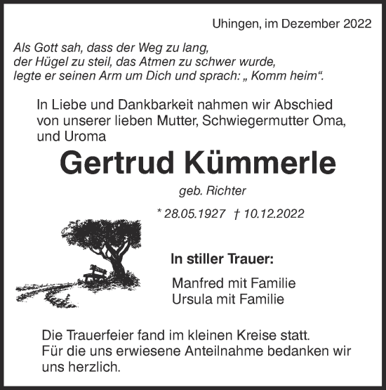 Traueranzeige von Gertrud Kümmerle von NWZ Neue Württembergische Zeitung