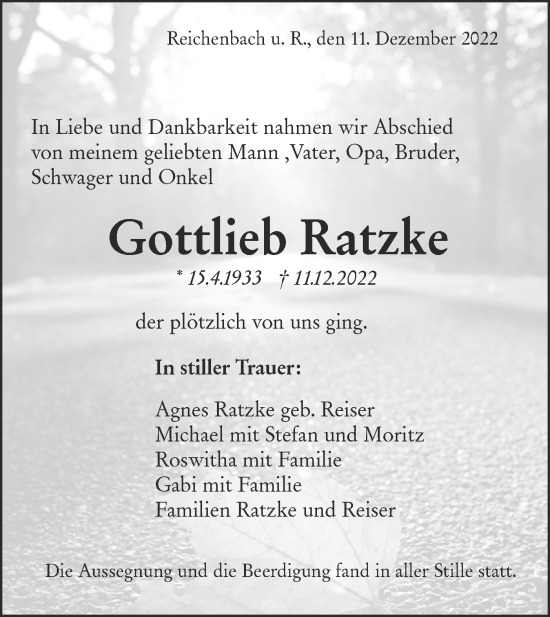 Traueranzeige von Gottlieb Ratzke von NWZ Neue Württembergische Zeitung