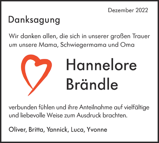 Traueranzeige von Hannelore Brändle von Alb-Bote/Metzinger-Uracher Volksblatt