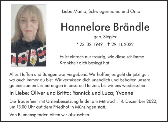 Traueranzeige von Hannelore Brändle von Alb-Bote/Metzinger-Uracher Volksblatt