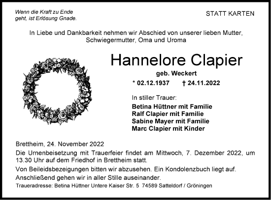 Traueranzeige von Hannelore Clapier von Hohenloher Tagblatt