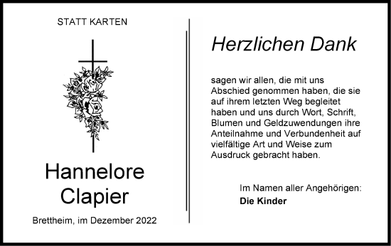 Traueranzeige von Hannelore Clapier von Hohenloher Tagblatt