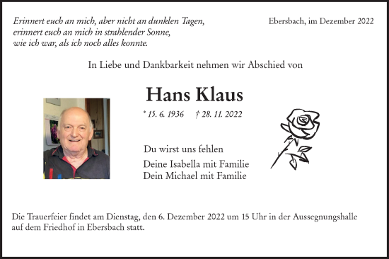 Traueranzeige von Hans Klaus von NWZ Neue Württembergische Zeitung