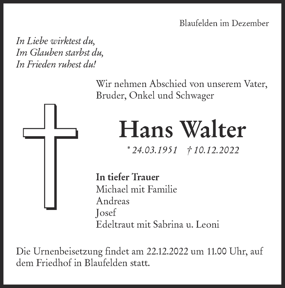  Traueranzeige für Hans Walter vom 20.12.2022 aus Hohenloher Tagblatt