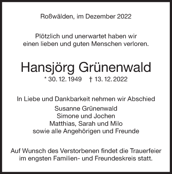 Traueranzeige von Hansjörg Grünenwald von NWZ Neue Württembergische Zeitung