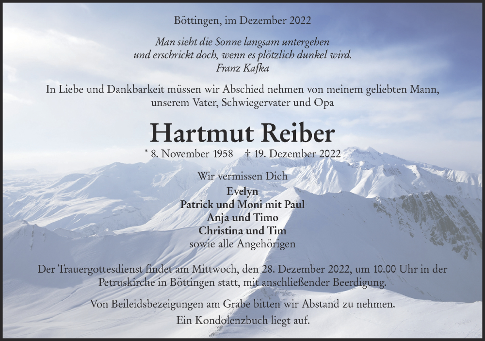  Traueranzeige für Hartmut Reiber vom 23.12.2022 aus Alb-Bote/Metzinger-Uracher Volksblatt