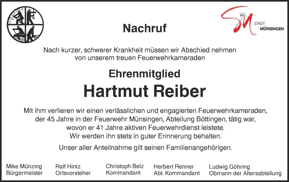  Traueranzeige für Hartmut Reiber vom 24.12.2022 aus Alb-Bote/Metzinger-Uracher Volksblatt