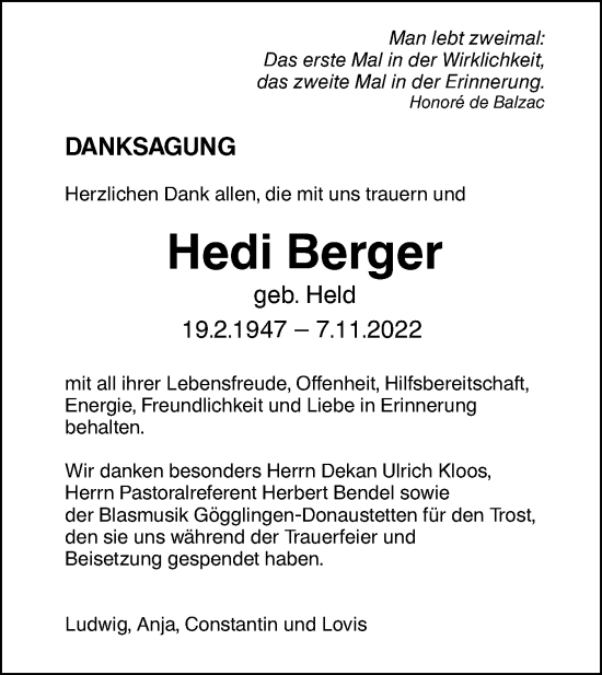 Traueranzeige von Hedi Berger von SÜDWEST PRESSE Ausgabe Ulm/Neu-Ulm