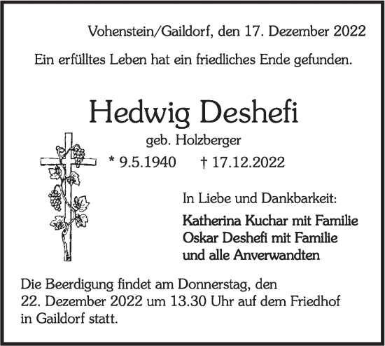 Traueranzeige von Hedwig Deshefi von Rundschau Gaildorf