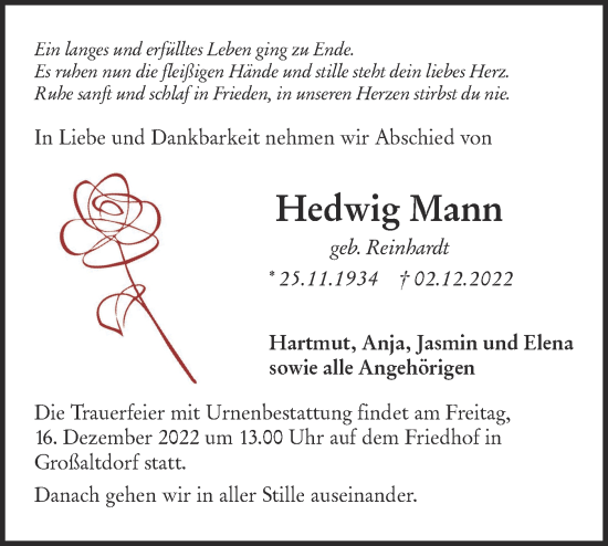 Traueranzeige von Hedwig Mann von Haller Tagblatt