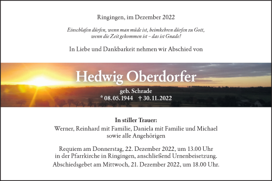 Traueranzeige von Hedwig Oberdorfer von SÜDWEST PRESSE Ausgabe Ulm/Neu-Ulm