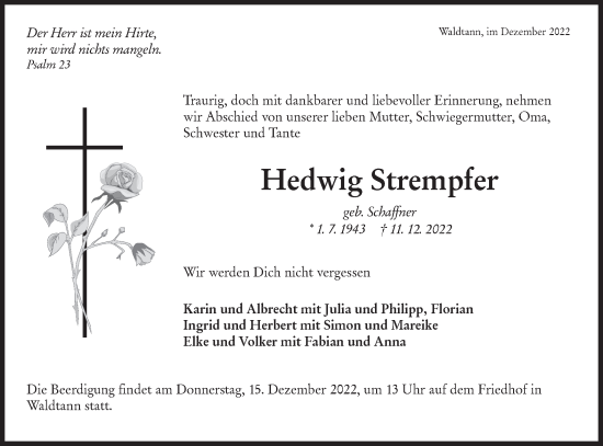 Traueranzeige von Hedwig Strempfer von Hohenloher Tagblatt