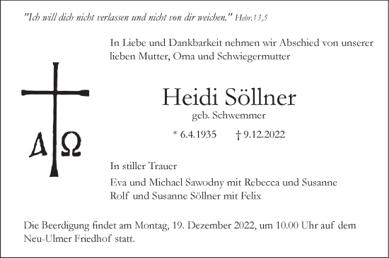 Traueranzeige von Heidi Söllner von SÜDWEST PRESSE Ausgabe Ulm/Neu-Ulm